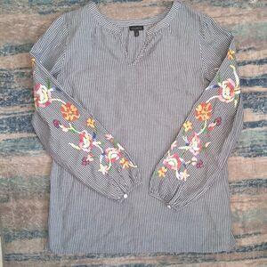 Talbots Women Tunic Peasant Blouse Long Sleeve Floral Embroidery Small Striped